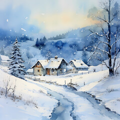 Naklejka premium Snowy winter village inside circle shape, watercolor illustration.