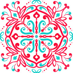 Repeating Christmas New Year Pattern. Abstract winter watercolor tile ornament with vibrant colors - blue, turquoise, pink, red. Seamless swirl pattern on a white background. Large format.