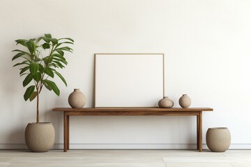 Minimalist interior with potted plants, wooden console, and wall space. Generative AI
