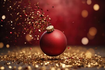 Obraz na płótnie Canvas Red Christmas tree toy ball with festive golden confetti on a bokeh background.