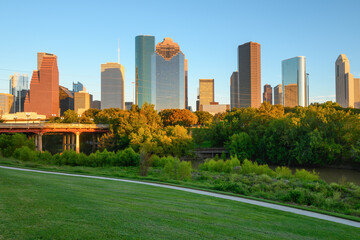 Houston downtown skyscrapers during sunset. Buffalo Bayou Park. Texas, USA - obrazy, fototapety, plakaty