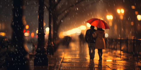 Couple walking on the street at night in the rain with red umbrella