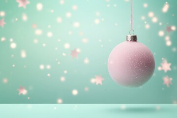 Pink Christmas tree toy ball with festive confetti on a turquoise bokeh background.