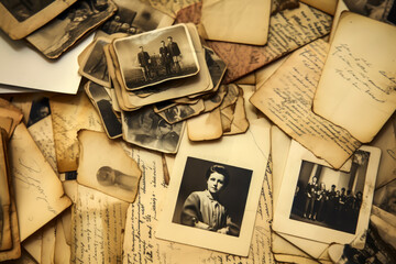 Fototapeta na wymiar stack of old faded photographs with handwritten note
