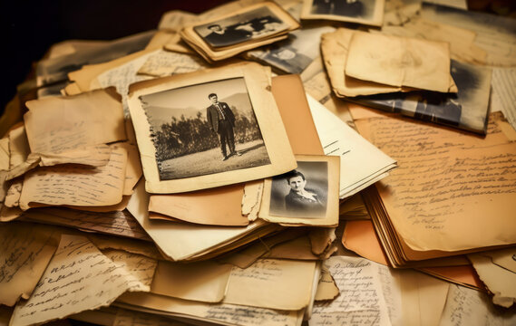 stack of old faded photographs with handwritten notes