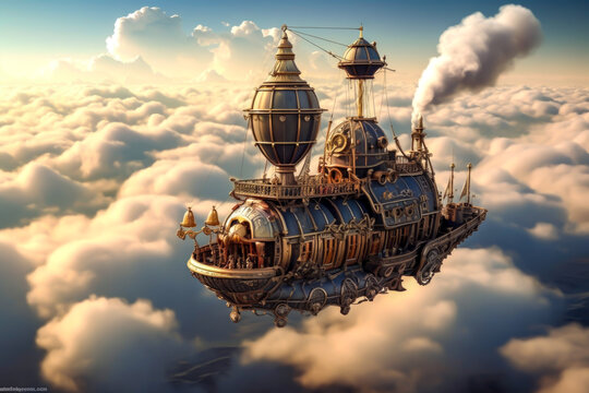 Steampunk airship sailing through the clouds.