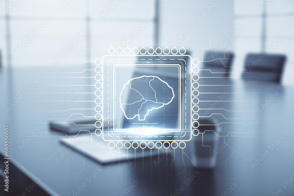Aufkleber Double exposure of creative human brain microcircuit with computer on background. Future technology and AI concept
