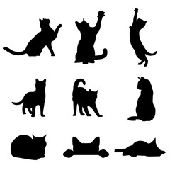 Collection of cat silhouettes in various poses isolated on white background
