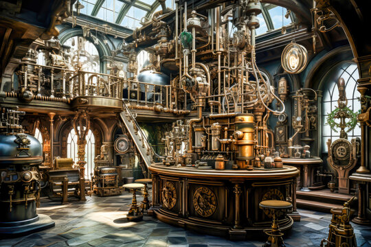 Steampunk laboratory with intricate machinery.