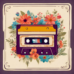 Retro music cassette with flowers illustration. Boho vintage style. Stereo DJ tape, vintage 90s cassettes tapes and audio tape. Antique radio play cassette.