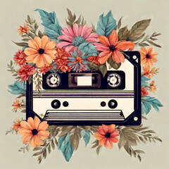 Retro music cassette with flowers illustration. Boho vintage style. Stereo DJ tape, vintage 90s cassettes tapes and audio tape. Antique radio play cassette.