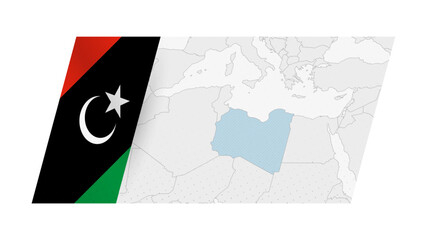 Libya map in modern style with flag of Libya on left side.