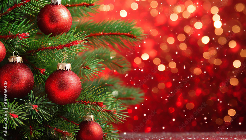 Poster christmas tree in red shiny background - ornaments on fir branches with glittering and defocused abs