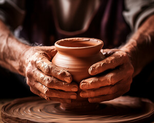 A close-up of a potter's hands at work