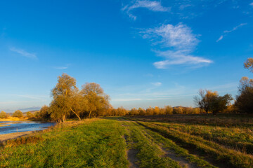 Beautiful colors of autumn with beautiful light, blue sky with small clouds, river flowing and a road in grass
