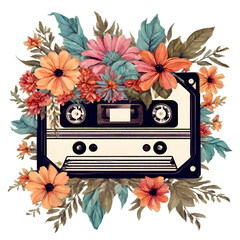 Retro music cassette with flowers illustration. Boho vintage style. Stereo DJ tape, vintage 90s cassettes tapes and audio tape. Antique radio play cassette.