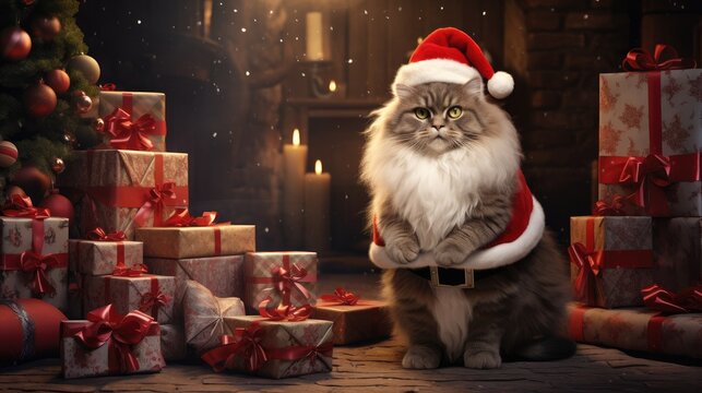 Spread holiday cheer with amusing images of a funny cartoon cat as Santa Claus, ready to deliver gifts beneath a beautifully decorated Christmas tree.