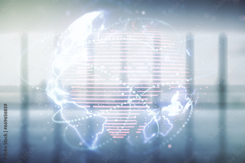 Poster double exposure of abstract digital world map hologram with connections on empty room interior backg