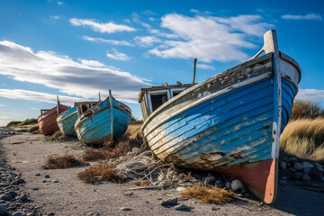 Fototapeta na wymiar row of abandoned weathered fishing boats.