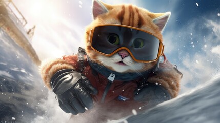 Fuel your projects with action-packed images of a winter sports cartoon cat competing in snowboarding, capturing the thrill of athletic competition.