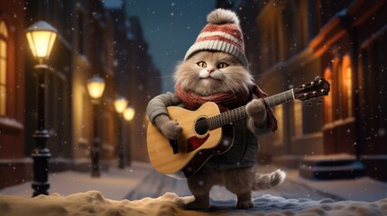 Enjoy the enchanting melodies of a cartoon cat musician on a winter evening, playing street guitars...