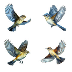 A set of male and female Willow Flycatchers flying on a transparent background