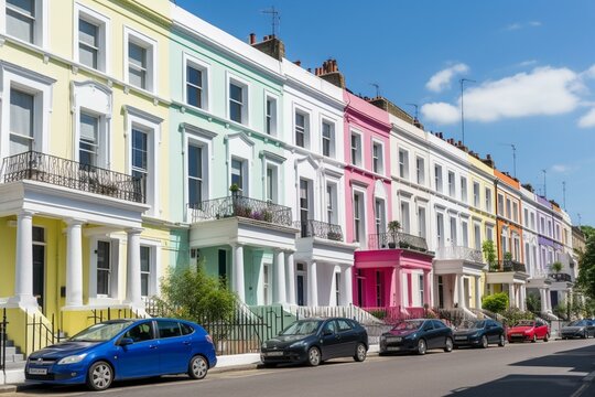 Vibrant houses in Notting Hill, London, UK. Generative AI