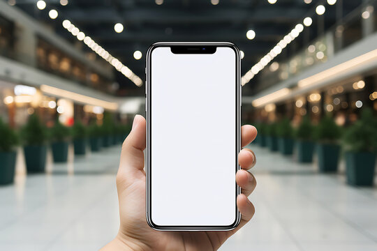 Mockup of male hand holding smartphone with white empty screen in the background of shopping center