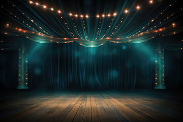 Stage theater curtain with lights and wooden floor. - obrazy, fototapety, plakaty