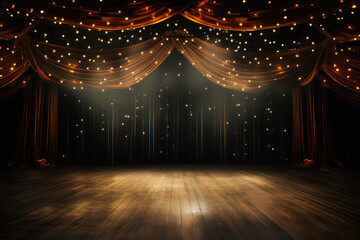 Stage theater curtain with spotlights and wooden floor.