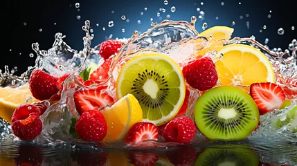 Fotobehang Fresh fruits and berries falling into water with splash, isolated on black background. Healthy food concept. Generative AI technology. © Grycaj