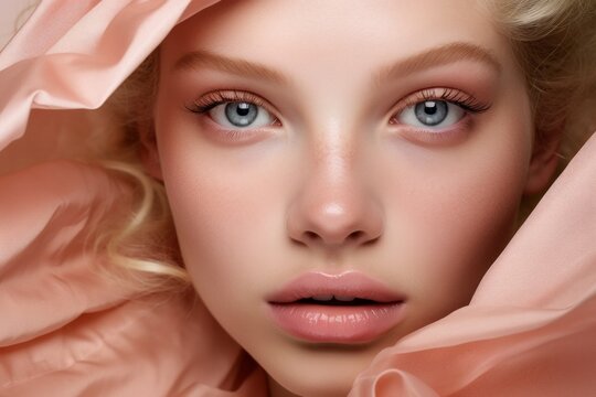 Dewy skin and rosy cheeks the artistry of professional makeup in a fashion portrait.