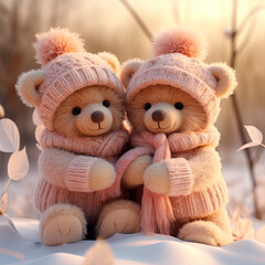 Cute teddy bears in hats sitting in the snow. Generative AI