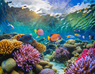 Naklejka na ściany i meble Underwater Tropical Corals Reef with colorful sea fish. Marine life sea world. Tropical colourful underwater seascape.