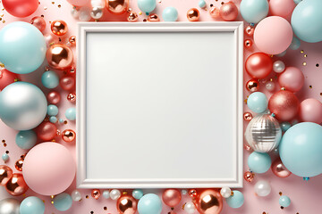 Fototapeta na wymiar Colorful balloons and golden, silver balls on pastel pink background with empty white frame. Free space for text.