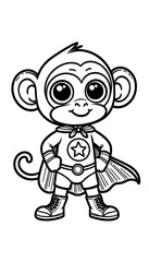 Line drawing of a cute superhero monkey wearing boots and a cape