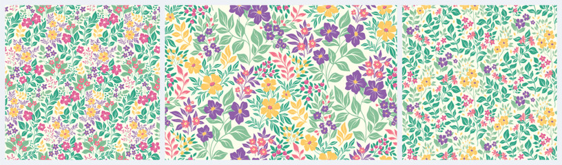 Seamless floral pattern, cute ditsy print with spring meadow in the collection. Botanical design with folk motif: small hand drawn plants, wild flowers, leaves on white background. Vector illustration