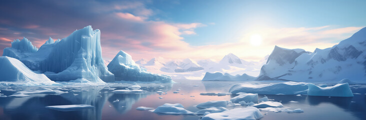  Icebergs in the arctic ocean at sunny dayt. Panoramic background - obrazy, fototapety, plakaty