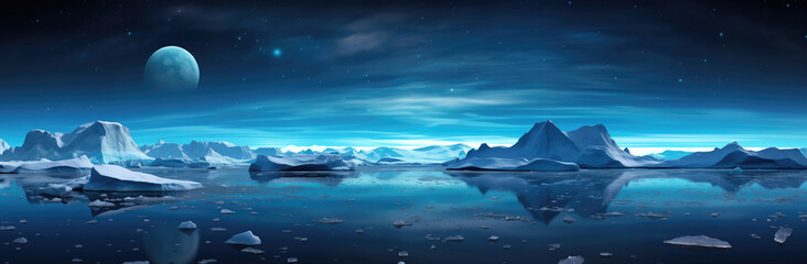 Obraz premium Fantastic winter landscape with Icebergs floating, moon and stars.