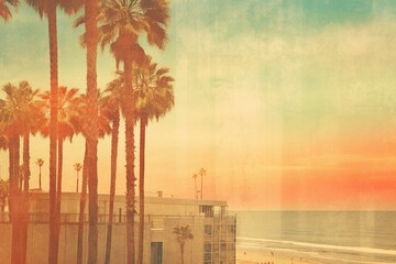 Post-processed vintage palm trees of Santa Monica beach exuding fashion, travel, summer vibes, and tropical vacation. Generative AI