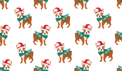 Funny cartoon Boston Terrier doggy in warm scarf and hat.Winter holidays seamless pattern with cute animal character.Christmass colorful background for printing on fabric and paper.Vector illustration