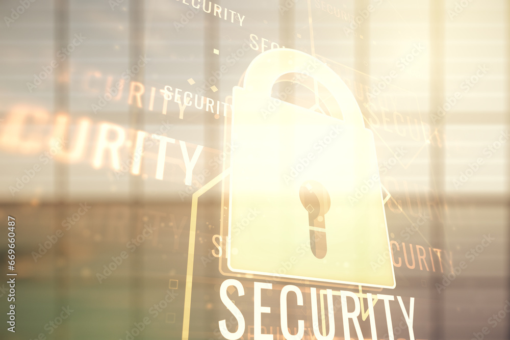 Poster double exposure of virtual creative lock hologram with chip on empty modern office background. infor