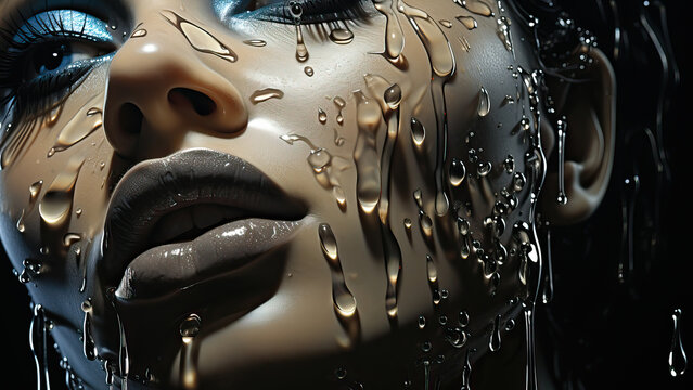 Photo of a girl's face with drops on a dark background.