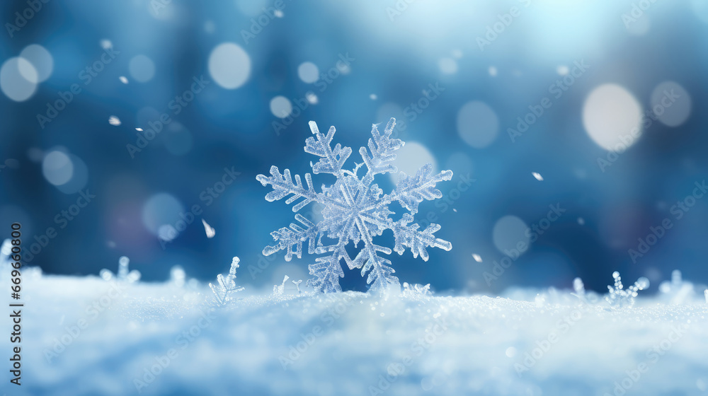 Poster snowflake on snow with bokeh background