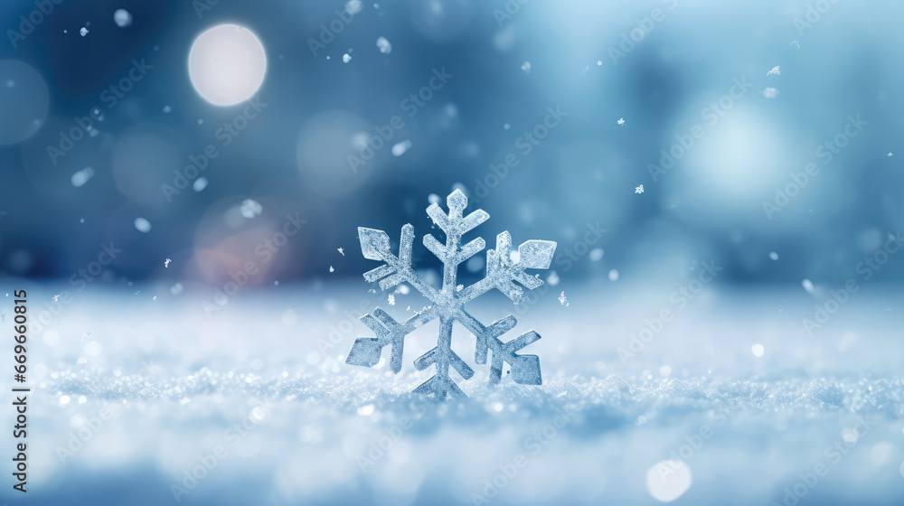 Poster snowflake on snow with bokeh background.