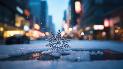 Snowflake on the street at night. Christmas and New Year concept.