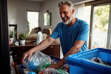 An adult male in a holds a box, helping with a recycling and moving service. - obrazy, fototapety, plakaty