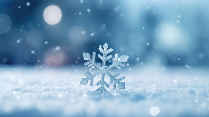 Snowflake on snow with bokeh background.