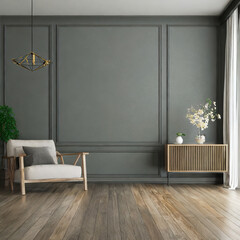 Vintage Modern interior of living room, empty room, dark gray wall and wood flooring ,3d rendering