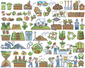 Composting and eco waste management for food leftovers in outline collection. Items with organic gardening and agriculture using biodegradable trash for reusable soil nutrients vector illustration